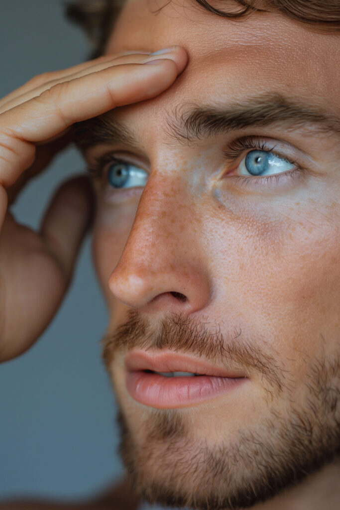 Pensive man with worried expression, holding head with hand, troubled look, headache and thinking, concern concept