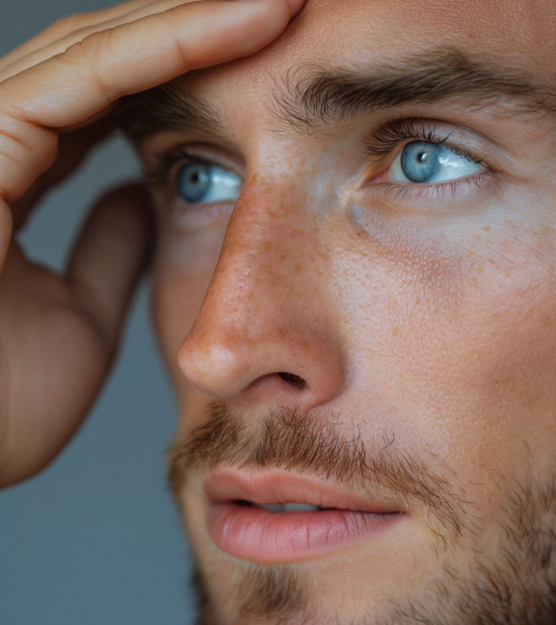 Man with worried expression, holding head with hand, pensive and troubled look, thinking and headache, concern concept